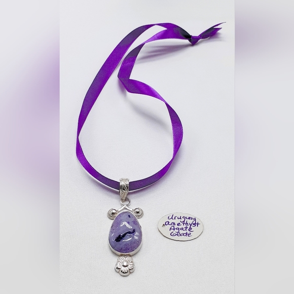 925 Sterling Silver Uruguay Amethyst Agate Geode Pendant Necklace - Picture 2 of 7